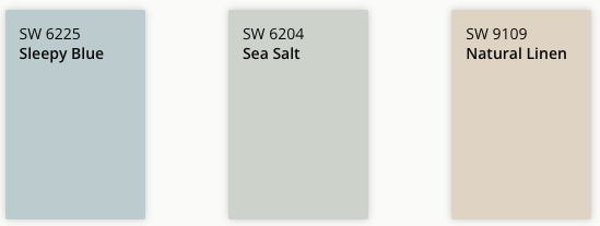 Sherwin Williams Paint Color Chips. L to R. 6225 Sleepy Blue, 6204 Sea Salt, 9109 Natural Linen
