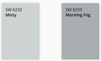 Sherwin Williams Paint Color Chips. L to R. 6232 Misty, 6255 Morning Fog