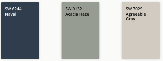 Sherwin Williams Paint Color Chips. L to R. 6244 Naval, 9132 Acacia Haze, 7029 Agreeable Gray
