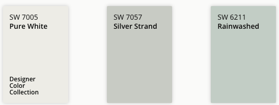 Sherwin Williams Paint Color Chips. L to R. 7005 Pure White, 7057 Silver Strand, 6211 Rainwashed