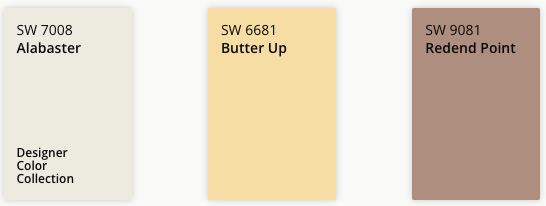 Sherwin Williams Paint Color Chips. L to R. 7008 Alabaster, 6681 Butter Up, 9081 Redend Point