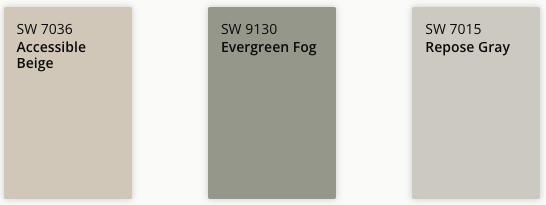 Sherwin Williams Paint Color Chips. L to R. 7036 Accessible Beige, 9130 Evergreen Fog, 7015 Repose Gray