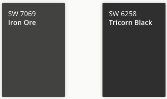 Sherwin Williams Paint Color Chips. L to R. 7069 Iron Ore, 6258 Tricorn Black
