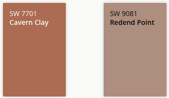 Sherwin Williams Paint Color Chips. L to R. 7701 Cavern Clay, 9081 Redend Point