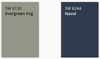 Sherwin Williams Paint Color Chips. L to R. 9130 Evergreen Fog, 6244 Naval