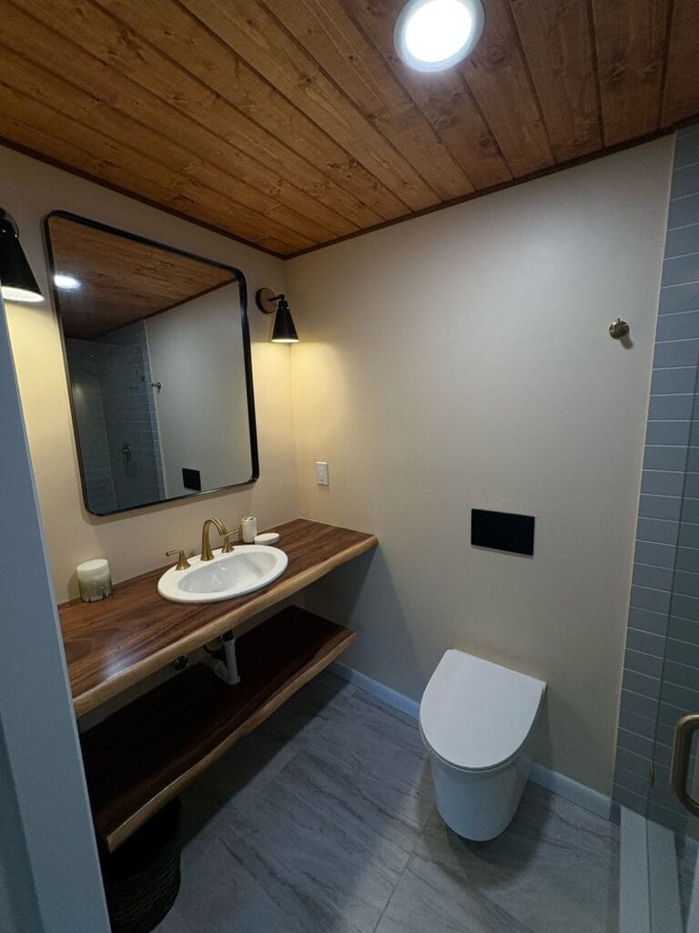 Natural Wood Ceiling and Clean, Modern Bath Update