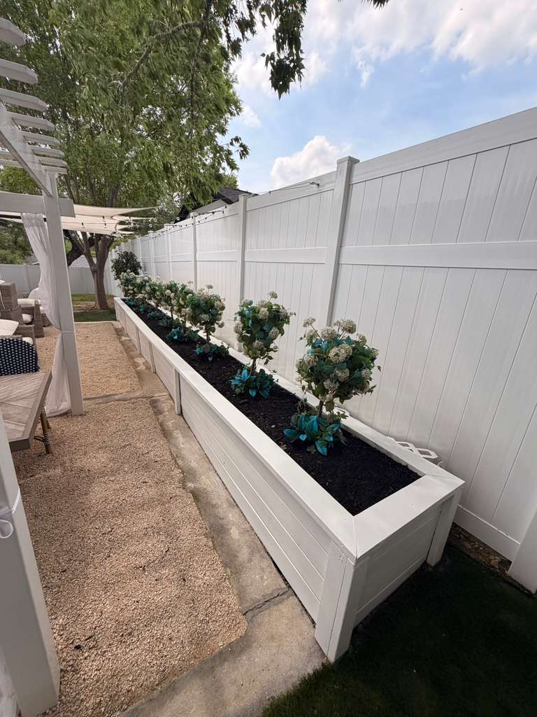 White custom planter boxes along a privacy fence with topiary bushes, dark mulch, and pergola with string lights in an Austin backyard